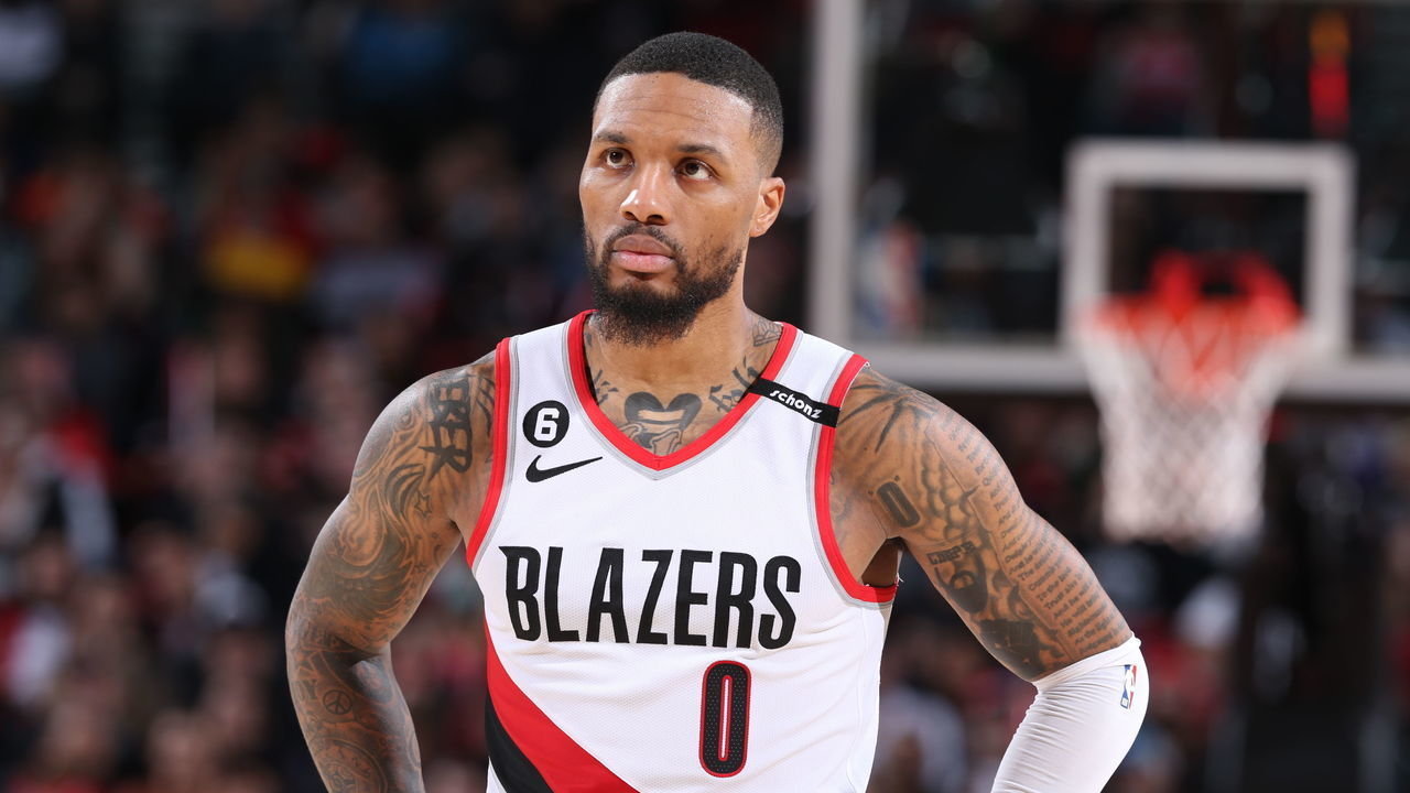 PORTLAND, OR - FEBRUARY 6: Damian Lillard #0 of the Portland Trail Blazers looks on during the game against the Milwaukee Bucks on February 6, 2023 at the Moda Center Arena in Portland, Oregon. Mandatory Copyright Notice: Copyright 2022 NBAE