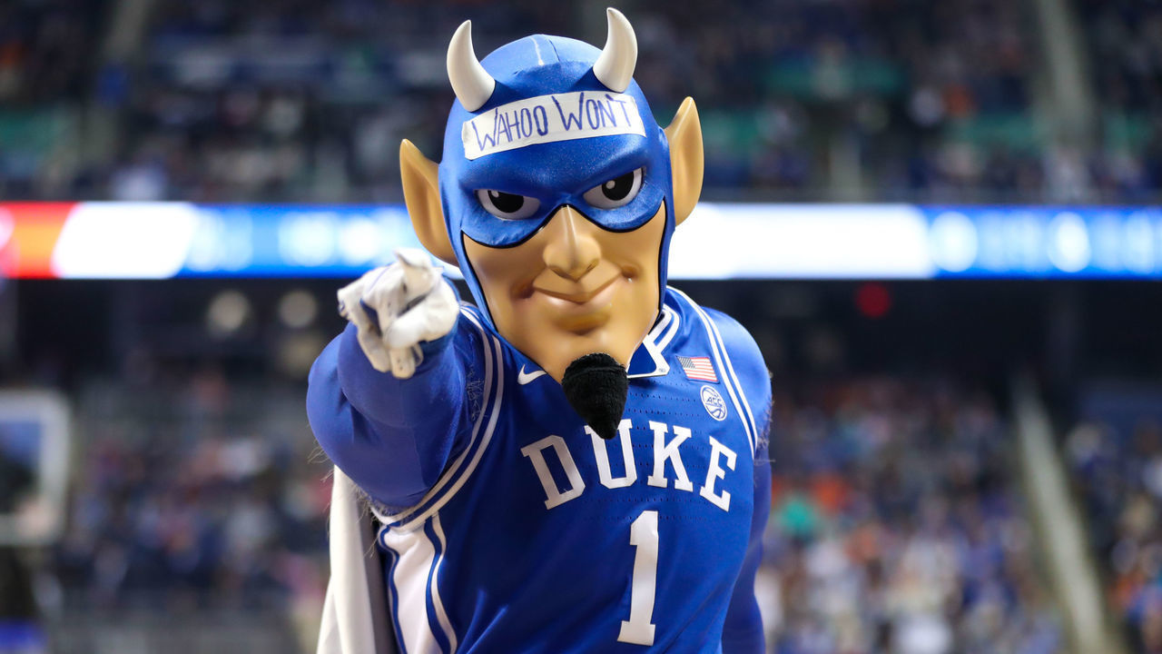 GREENSBORO, NC - MARCH 11: The Duke Blue Devils mascot points to the camera during the ACC Championship against the Virginia Cavaliers on March 11, 2023 at Greensboro Coliseum in Greensboro, NC.
