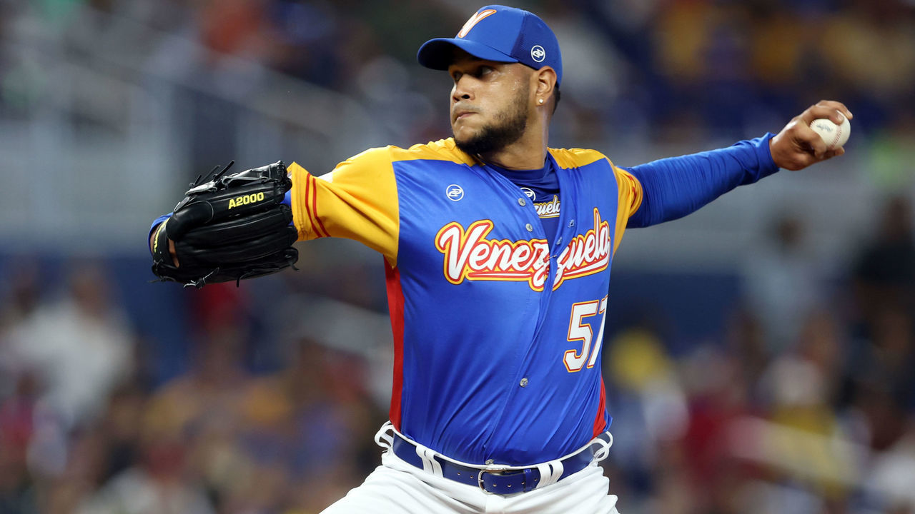 MIAMI, FL - MARCH 14: Eduardo Rodríguez #57 of Team Venezuela pitches during Game 7 of Pool D between Team Nicaragua and Team Venezuela at loanDepot Park on Tuesday, March 14, 2023 in Miami, Florida.