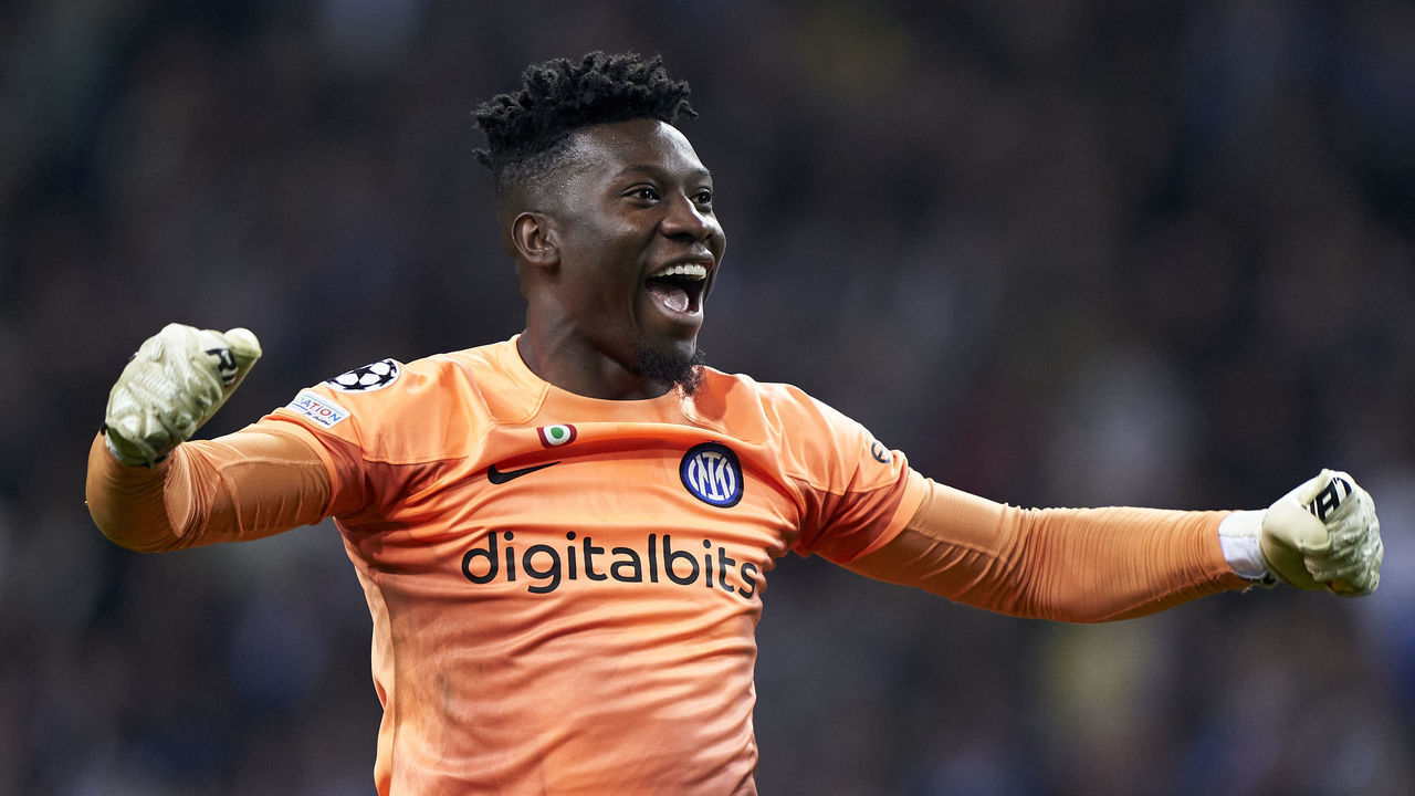 PORTO, PORTUGAL - MARCH 14: Andre Onana of FC Internazionale Milano celebrates victory after the UEFA Champions League round of 16 leg two match between FC Porto and FC Internazionale at Estadio do Dragao on March 14, 2023 in Porto, Portugal.