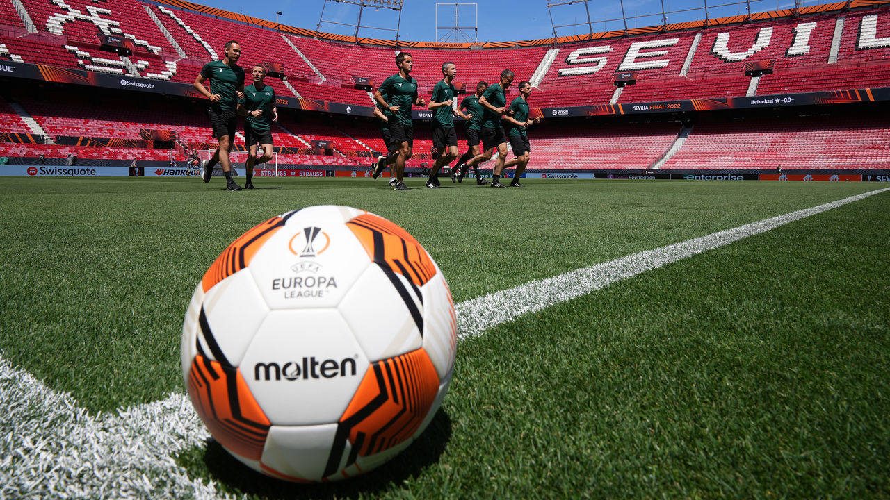 SEVILLE, SPAIN - MAY 17: A general view inside the stadium as referees train during the Referee Team Training session at Estadio Ramon Sanchez Pizjuan on May 17, 2022 in Seville, Spain. Eintracht Frankfurt will face Rangers FC in the UEFA Europa League final on May 18, 2022.