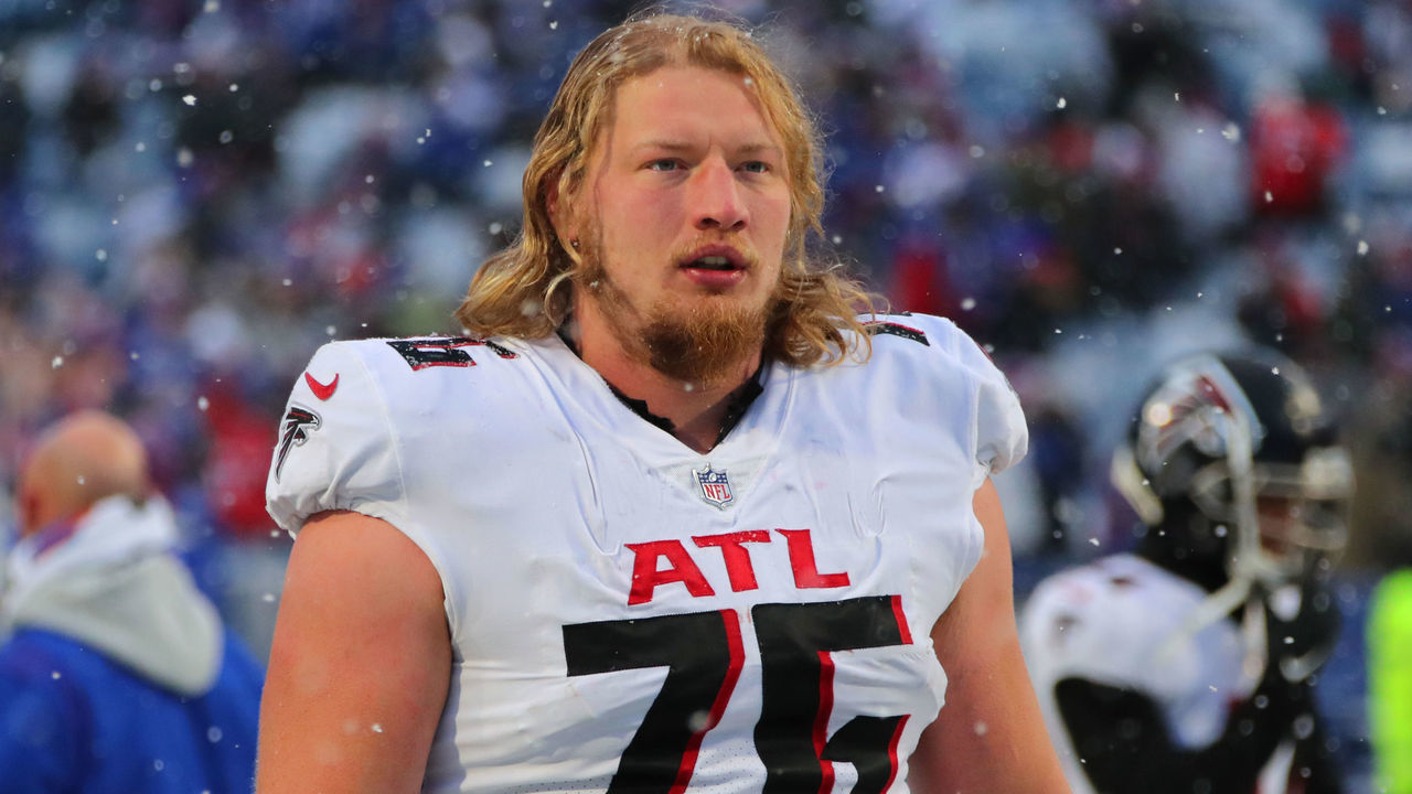 ORCHARD PARK, NY - JANUARY 02: Kaleb McGary #76 of the Atlanta Falcons after a game against the Buffalo Bills at Highmark Stadium on January 2, 2022 in Orchard Park, New York.