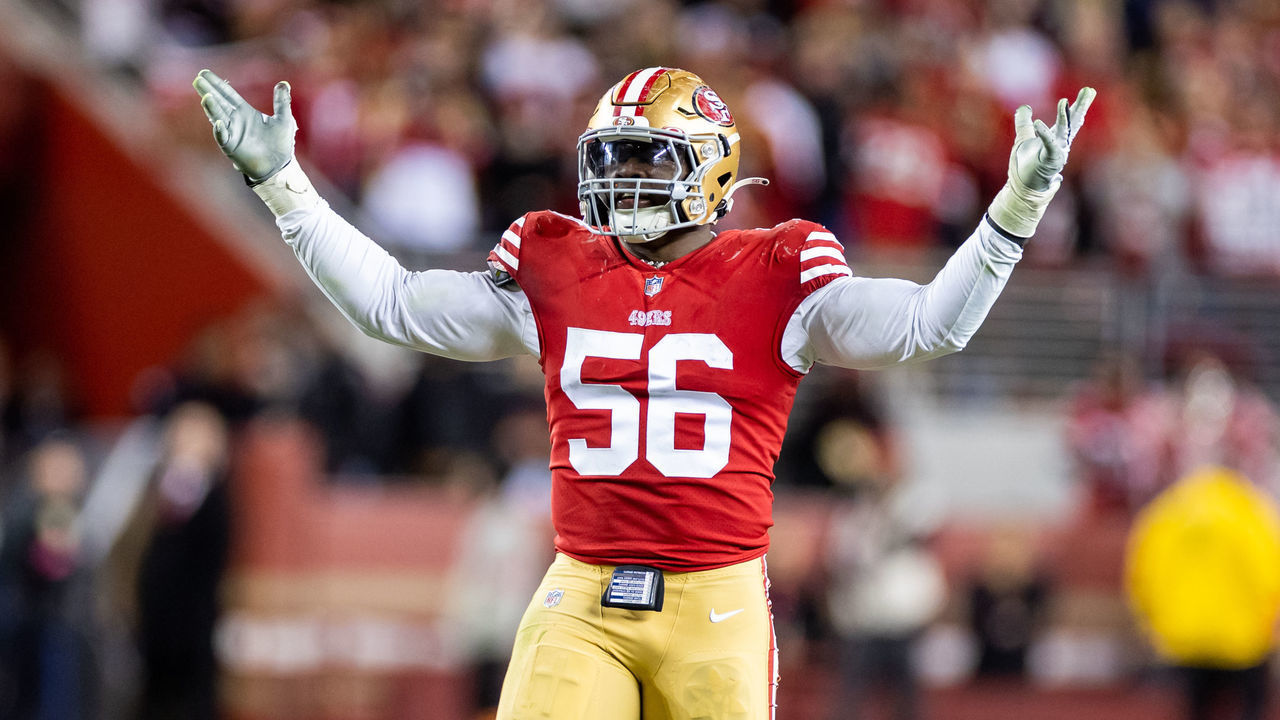 SANTA CLARA, CA - JANUARY 22: San Francisco 49ers defensive end Samson Ebukam (56) works the crowd during the NFL NFC Divisional Playoff game between the Dallas Cowboys and San Francisco 49ers at Levis Stadium in Santa Clara, CA.