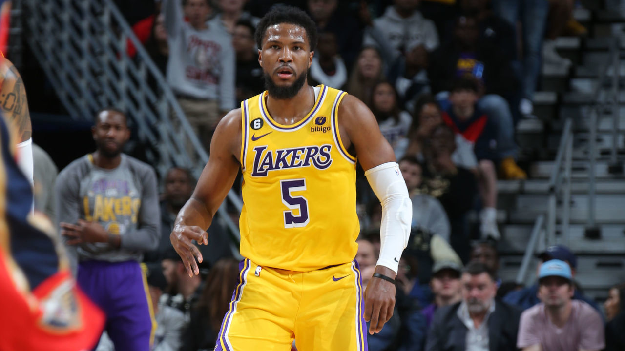 NEW ORLEANS, LA - MARCH 14: Malik Beasley #5 of the Los Angeles Lakers celebrates a three point basket during the game against the New Orleans Pelicans on March 14, 2023 at the Smoothie King Center in New Orleans, Louisiana. Mandatory Copyright Notice: Copyright 2023 NBAE
