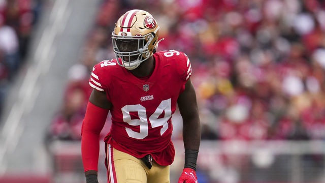 SANTA CLARA, CA - DECEMBER 11: Charles Omenihu #94 of the San Francisco 49ers gets set against the Tampa Bay Buccaneers at Levi's Stadium on December 11, 2022 in Santa Clara, California.