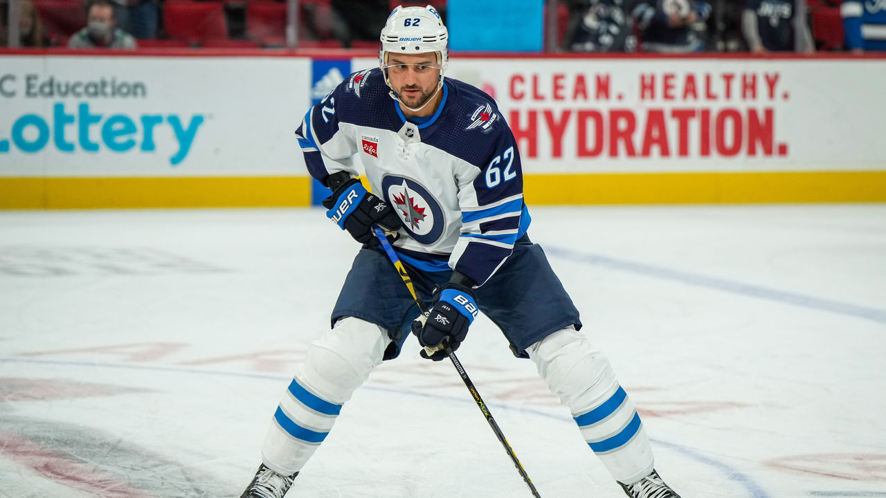 RALEIGH, NORTH CAROLINA - MARCH 14: Nino Niederreiter #62 of the Winnipeg Jets warms up prior to a game against the Carolina Hurricanes at PNC Arena on March 14, 2023 in Raleigh, North Carolina.