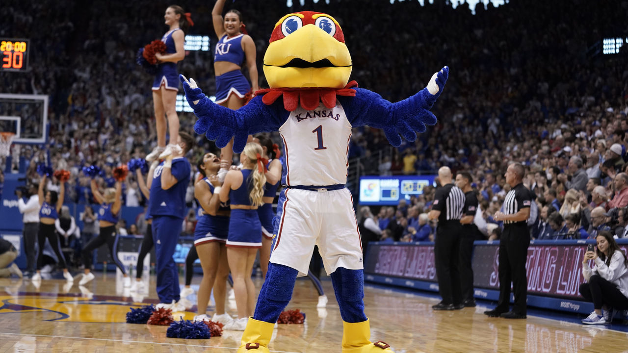 LAWRENCE, KANSAS - JANUARY 14: Big Jay the Kansas Jayhawks mascot entertains prior to a gam against the Iowa State Cyclones at Allen Fieldhouse on January 14, 2023 in Lawrence, Kansas.