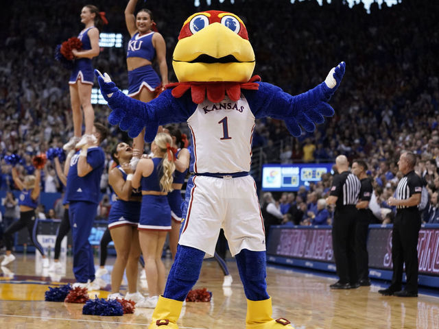 LAWRENCE, KANSAS - JANUARY 14: Big Jay the Kansas Jayhawks mascot entertains prior to a gam against the Iowa State Cyclones at Allen Fieldhouse on January 14, 2023 in Lawrence, Kansas.