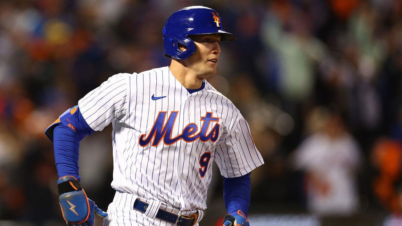 NEW YORK, NEW YORK - OCTOBER 08: Brandon Nimmo #9 of the New York Mets hits an RBI single during the fourth inning against the San Diego Padres in game two of the Wild Card Series at Citi Field on October 08, 2022 in New York City.