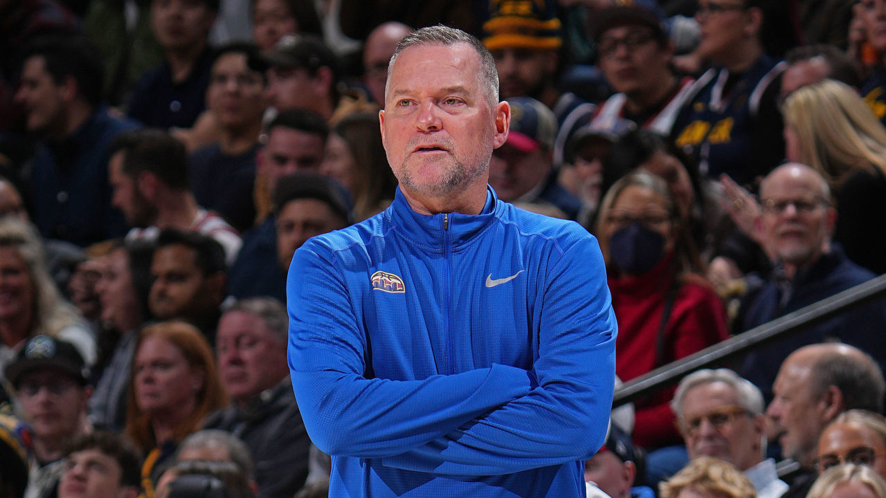 DENVER, CO - MARCH 6: Head Coach Michael Malone of the Denver Nuggets looks on against the Toronto Raptors on March 6, 2023 at the Ball Arena in Denver, Colorado. NOTE TO USER: User expressly acknowledges and agrees that, by downloading and/or using this Photograph, user is consenting to the terms and conditions of the Getty Images License Agreement. Mandatory Copyright Notice: Copyright 2023 NBAE