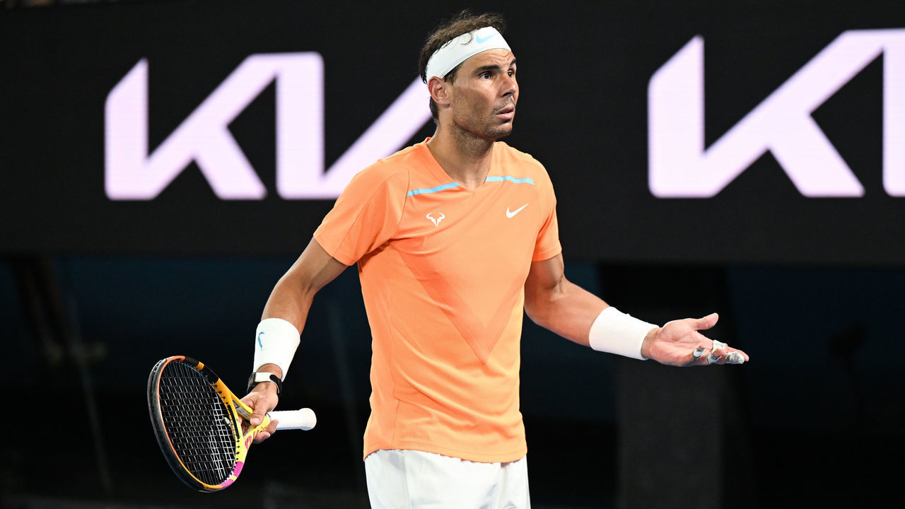 MELBOURNE, AUSTRALIA - JANUARY 18: Rafael Nadal reacts during his second round match at the Australian Open grand slam tennis tournament at Melbourne Park in Melbourne, Australia on January 18, 2023