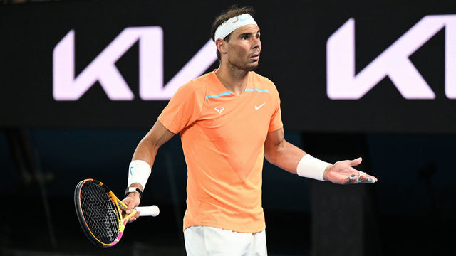 MELBOURNE, AUSTRALIA - JANUARY 18: Rafael Nadal reacts during his second round match at the Australian Open grand slam tennis tournament at Melbourne Park in Melbourne, Australia on January 18, 2023