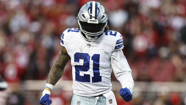 SANTA CLARA, CALIFORNIA - JANUARY 22: Ezekiel Elliott #21 of the Dallas Cowboys looks on during an NFL divisional round playoff football game between the San Francisco 49ers and the Dallas Cowboys at Levi's Stadium on January 22, 2023 in Santa Clara, California.