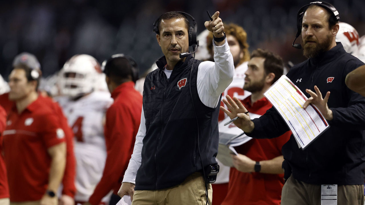PHOENIX, ARIZONA - DECEMBER 27: Head coach Luke Fickell of the Wisconsin Badgers gestures during the second half of the Guaranteed Rate Bowl against the Oklahoma State Cowboys at Chase Field on December 27, 2022 in Phoenix, Arizona. The Badgers beat the Cowboys 24-17.