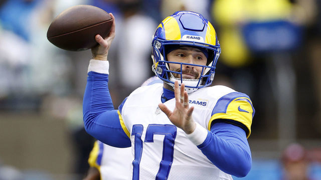 SEATTLE, WASHINGTON - JANUARY 08: Baker Mayfield #17 of the Los Angeles Rams passes during the first quarter against the Seattle Seahawks at Lumen Field on January 08, 2023 in Seattle, Washington.