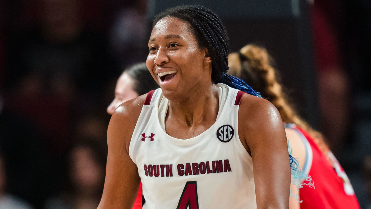 COLUMBIA, SOUTH CAROLINA - DECEMBER 11: Aliyah Boston #4 of the South Carolina Gamecocks reacts during their game against the Liberty Lady Flames at Colonial Life Arena on December 11, 2022 in Columbia, South Carolina.