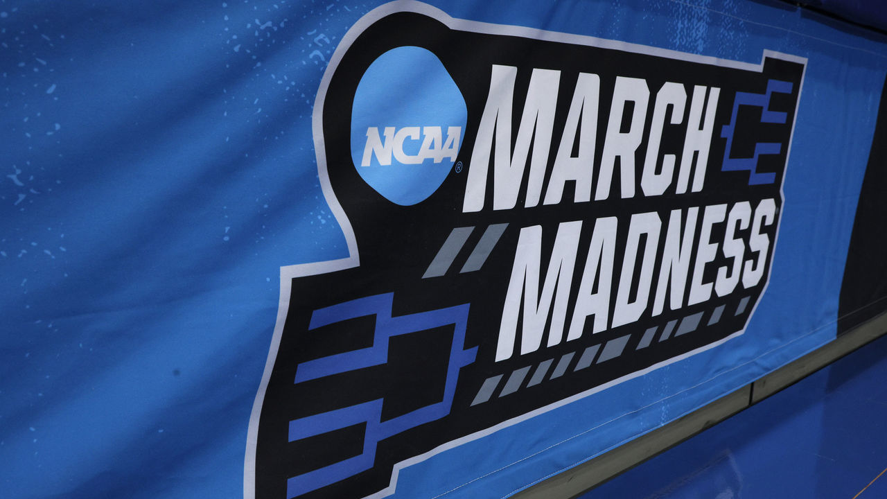 DAYTON, OHIO - MARCH 14: A detailed view of the March Madness logo is seen prior to the First Four of the NCAA Men's Basketball Tournament at University of Dayton Arena on March 14, 2023 in Dayton, Ohio.