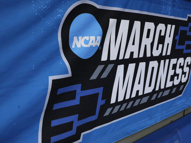 DAYTON, OHIO - MARCH 14: A detailed view of the March Madness logo is seen prior to the First Four of the NCAA Men's Basketball Tournament at University of Dayton Arena on March 14, 2023 in Dayton, Ohio.