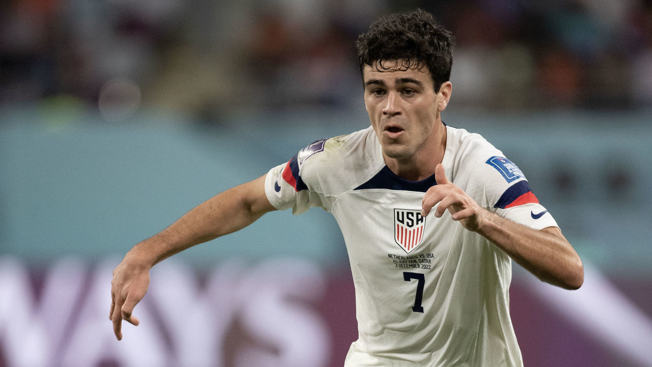 DOHA, QATAR - DECEMBER 03: Giovanni Reyna of USA during the FIFA World Cup Qatar 2022 Round of 16 match between Netherlands and USA at Khalifa International Stadium on December 03, 2022 in Doha, Qatar.