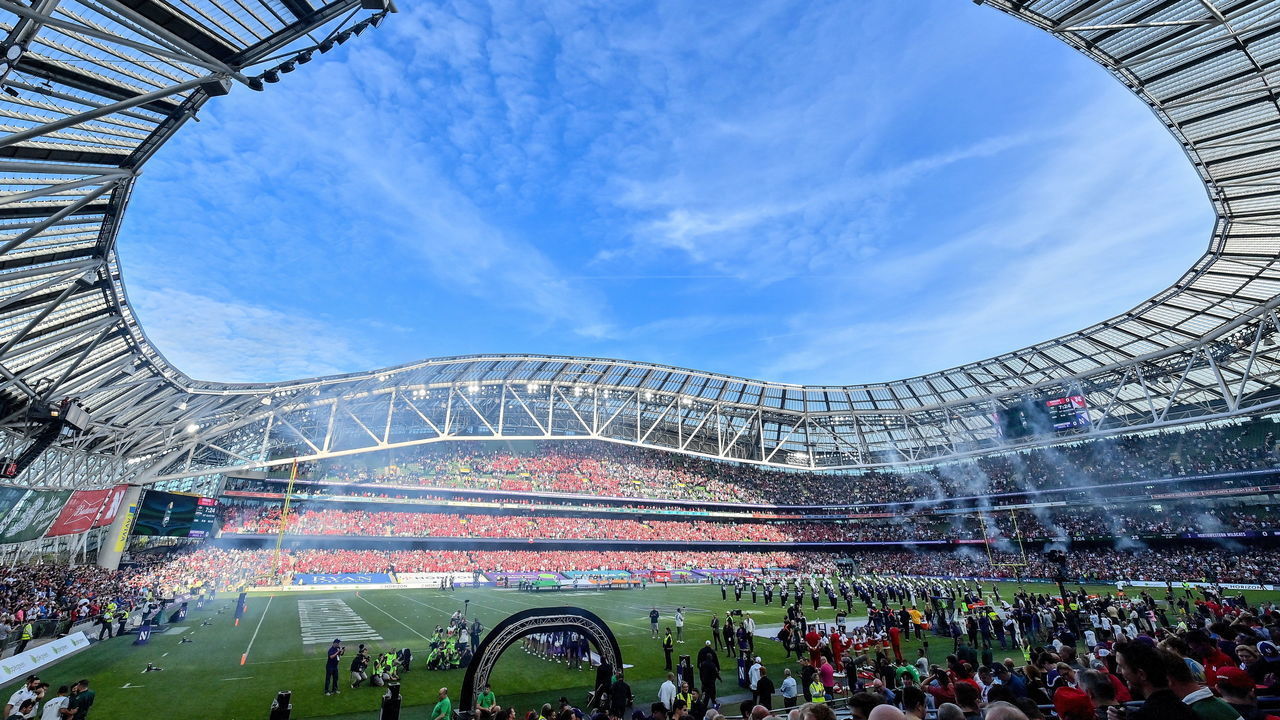 Dublin , Ireland - 27 August 2022; A general view of the stadium before the Aer Lingus College Football Classic 2022 match between Northwestern Wildcats and Nebraska Cornhuskers at Aviva Stadium in Dublin.