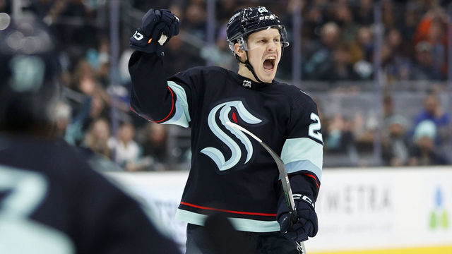 SEATTLE, WASHINGTON - JANUARY 25: Eeli Tolvanen #20 of the Seattle Kraken reacts after his goal against the Vancouver Canucks during the second period at Climate Pledge Arena on January 25, 2023 in Seattle, Washington.