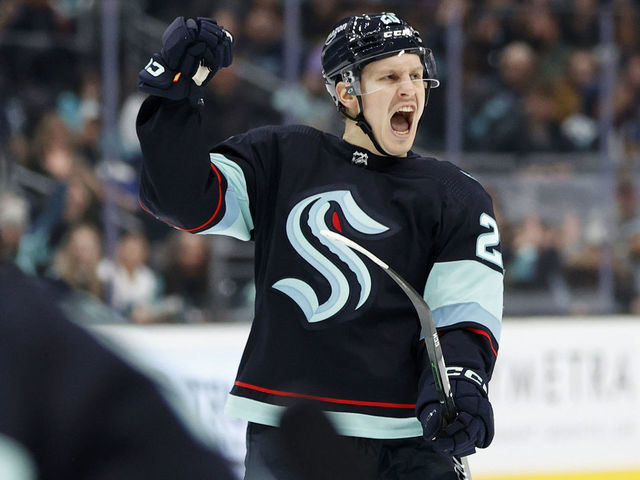 SEATTLE, WASHINGTON - JANUARY 25: Eeli Tolvanen #20 of the Seattle Kraken reacts after his goal against the Vancouver Canucks during the second period at Climate Pledge Arena on January 25, 2023 in Seattle, Washington.
