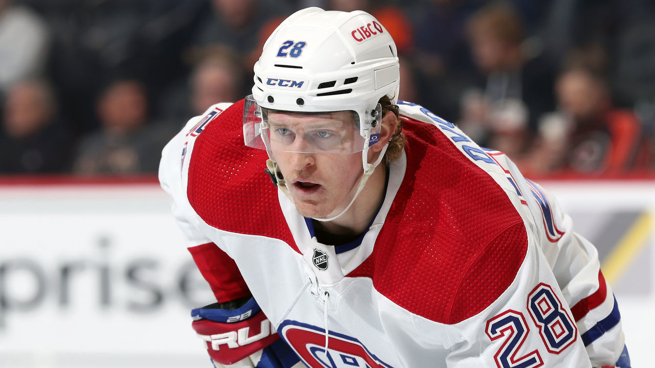PHILADELPHIA, PENNSYLVANIA - FEBRUARY 24: Christian Dvorak #28 of the Montreal Canadiens looks on against the Philadelphia Flyers at the Wells Fargo Center on February 24, 2023 in Philadelphia, Pennsylvania.