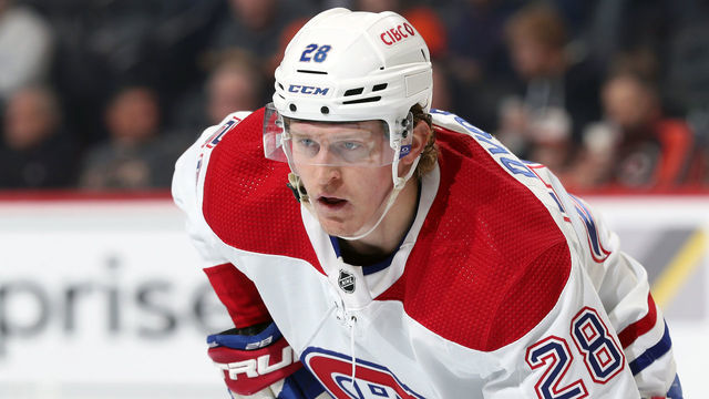 PHILADELPHIA, PENNSYLVANIA - FEBRUARY 24: Christian Dvorak #28 of the Montreal Canadiens looks on against the Philadelphia Flyers at the Wells Fargo Center on February 24, 2023 in Philadelphia, Pennsylvania.