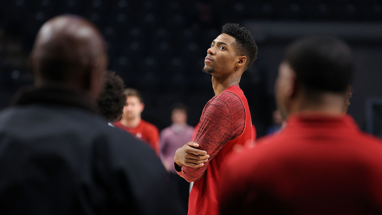 BIRMINGHAM, ALABAMA - MARCH 15: Brandon Miller #24 o the Alabama Crimson Tide looks on during a practice session ahead of the first round of the NCAA Men's Basketball Tournament at Legacy Arena at the BJCC on March 15, 2023 in Birmingham, Alabama.