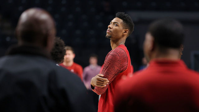 BIRMINGHAM, ALABAMA - MARCH 15: Brandon Miller #24 o the Alabama Crimson Tide looks on during a practice session ahead of the first round of the NCAA Men's Basketball Tournament at Legacy Arena at the BJCC on March 15, 2023 in Birmingham, Alabama.