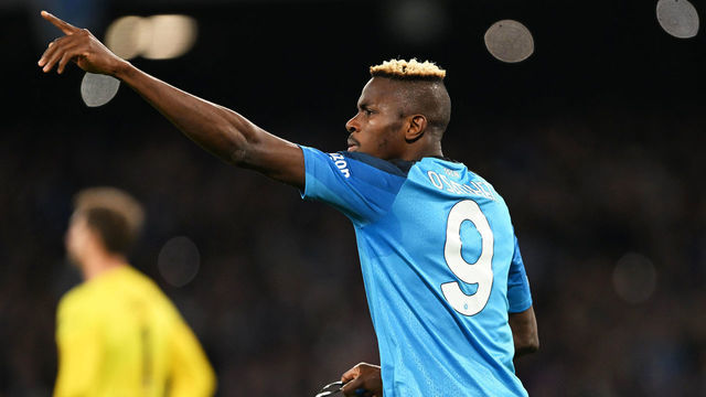 NAPLES, ITALY - MARCH 15: Victor Osimhen of SSC Napoli celebrates after scoring the team's first goal during the UEFA Champions League round of 16 leg two match between SSC Napoli and Eintracht Frankfurt at Stadio Diego Armando Maradona on March 15, 2023 in Naples, Italy.