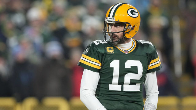 GREEN BAY, WISCONSIN - JANUARY 08: Aaron Rodgers #12 of the Green Bay Packers looks on against the Detroit Lions during the first half at Lambeau Field on January 08, 2023 in Green Bay, Wisconsin.