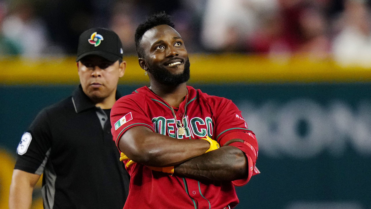 PHOENIX, AZ - MARCH 15: Randy Arozarena #56 of Team Mexico reacts to hitting a RBI double in the second inning during Game 9 of Pool C between Team Mexico and Team Canada at Chase Field on Wednesday, March 15, 2023 in Phoenix, Arizona.