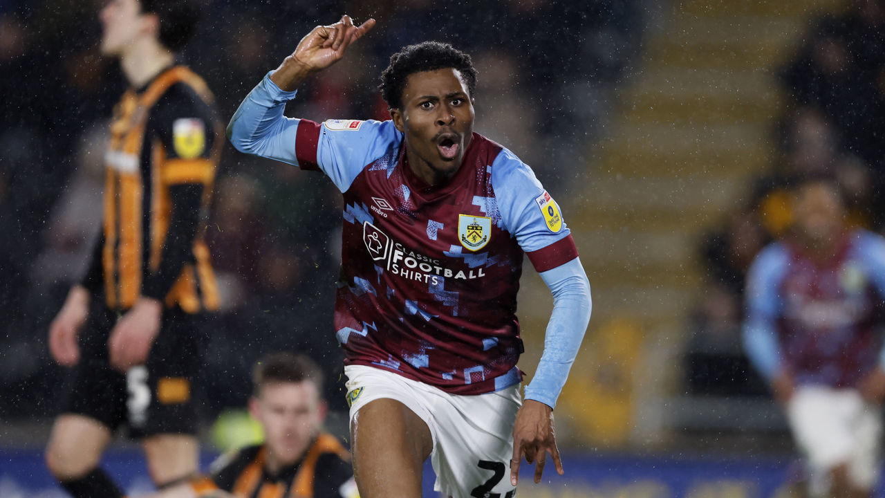 Burnley's Nathan Tella celebrates scoring their side's second goal of the game during the Sky Bet Championship match at the MKM Stadium, Hull. Picture date: Wednesday March 15, 2023.