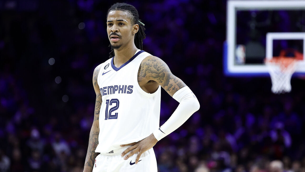 PHILADELPHIA, PENNSYLVANIA - FEBRUARY 23: Ja Morant #12 of the Memphis Grizzlies looks on during the third quarter against the Philadelphia 76ers at Wells Fargo Center on February 23, 2023 in Philadelphia, Pennsylvania.