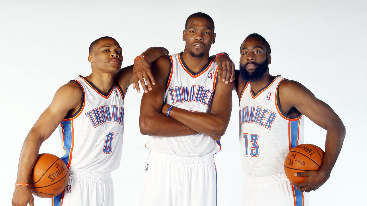 OKLAHOMA CITY, OK - DECEMBER 13: Russell Westbrook #0, Kevin Durant #35 and James Harden #13 pose for a portrait during 2011 NBA Media Day on December 13, 2011 at the Oklahoma City Arena in Oklahoma City, Oklahoma. Mandatory Copyright Notice: Copyright 2011 NBAE