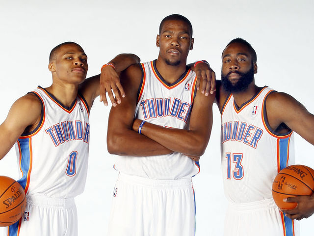 OKLAHOMA CITY, OK - DECEMBER 13: Russell Westbrook #0, Kevin Durant #35 and James Harden #13 pose for a portrait during 2011 NBA Media Day on December 13, 2011 at the Oklahoma City Arena in Oklahoma City, Oklahoma. Mandatory Copyright Notice: Copyright 2011 NBAE
