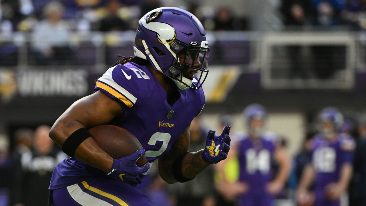 MINNEAPOLIS, MINNESOTA - JANUARY 15: Alexander Mattison #2 of the Minnesota Vikings warms up prior to the NFC Wild Card playoff game against the New York Giants at U.S. Bank Stadium on January 15, 2023 in Minneapolis, Minnesota.