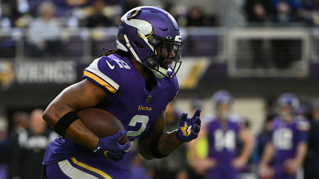 MINNEAPOLIS, MINNESOTA - JANUARY 15: Alexander Mattison #2 of the Minnesota Vikings warms up prior to the NFC Wild Card playoff game against the New York Giants at U.S. Bank Stadium on January 15, 2023 in Minneapolis, Minnesota.