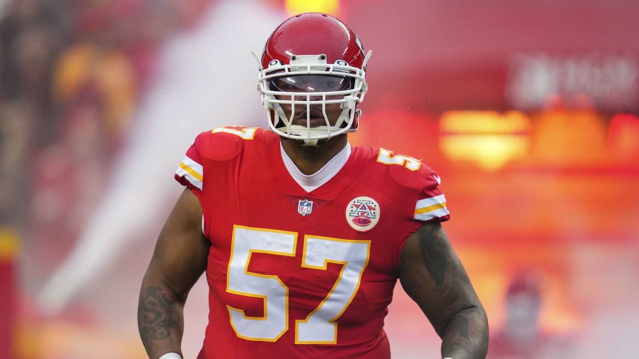 KANSAS CITY, MO - JANUARY 21: Orlando Brown Jr. #57 of the Kansas City Chiefs runs onto the field during introductions against the Jacksonville Jaguars at GEHA Field at Arrowhead Stadium on January 21, 2023 in Kansas City, Missouri.