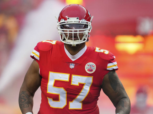 KANSAS CITY, MO - JANUARY 21: Orlando Brown Jr. #57 of the Kansas City Chiefs runs onto the field during introductions against the Jacksonville Jaguars at GEHA Field at Arrowhead Stadium on January 21, 2023 in Kansas City, Missouri.