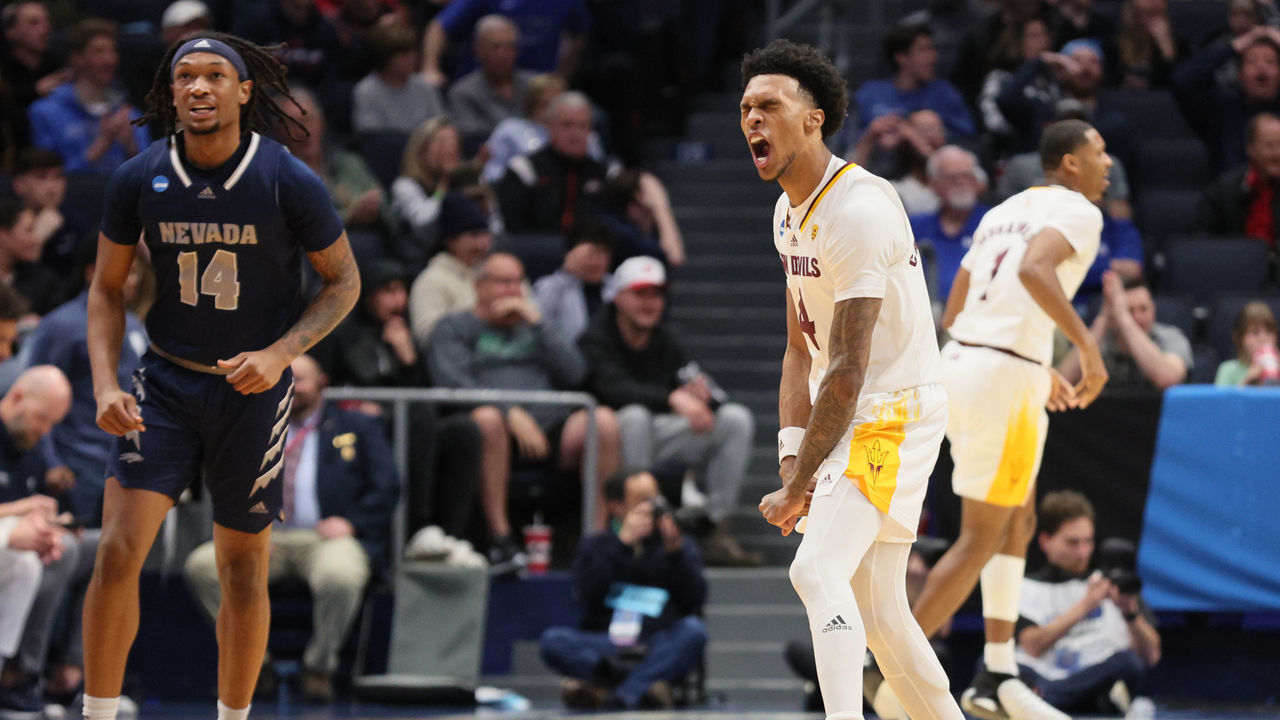 DAYTON, OHIO - MARCH 15: Desmond Cambridge Jr. #4 of the Arizona State Sun Devils reacts after his dunk against the Nevada Wolf Pack during the first half in the First Four game of the NCAA Men's Basketball Tournament at University of Dayton Arena on March 15, 2023 in Dayton, Ohio.