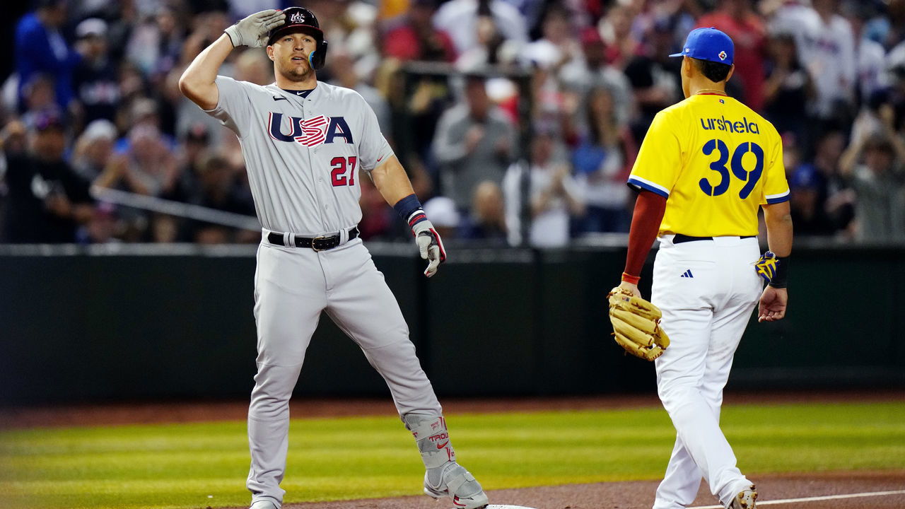 PHOENIX, AZ - MARCH 15: Mike Trout #27 of Team USA reacts to hitting a triple in the first inning during Game 10 of Pool C between Team USA and Team Colombia at Chase Field on Wednesday, March 15, 2023 in Phoenix, Arizona.