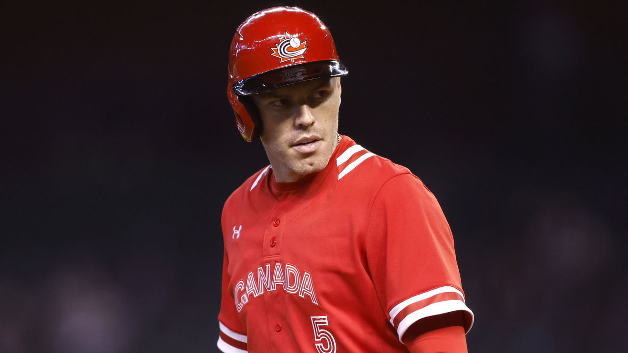 PHOENIX, ARIZONA - MARCH 12: Freddie Freeman #5 of Team Canada looks on during the World Baseball Classic Pool C game against Team Great Britain at Chase Field on March 12, 2023 in Phoenix, Arizona. Team Canada beat Team Great Britain 18-8 in seven innings.