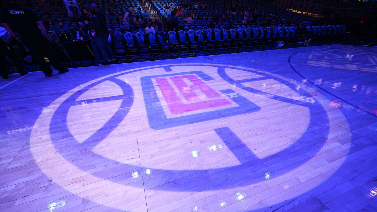 LOS ANGELES, CA - JUNE 18: The LA Clippers logo on the court during the game against the Utah Jazz during Round 2, Game 6 of the 2021 NBA Playoffs on June 18, 2021 at STAPLES Center in Los Angeles, California. NOTE TO USER: User expressly acknowledges and agrees that, by downloading and/or using this Photograph, user is consenting to the terms and conditions of the Getty Images License Agreement. Mandatory Copyright Notice: Copyright 2021 NBAE