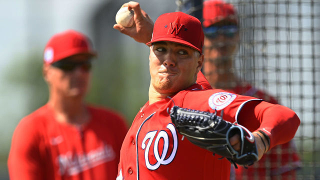 WEST PALM BEACH, FL - FEBRUARY 22: Washington Nationals starting pitcher Cade Cavalli (54) during the second day of full squad workouts at the Nationals training facility on February 22, 2023 in West Palm Beach, FL.