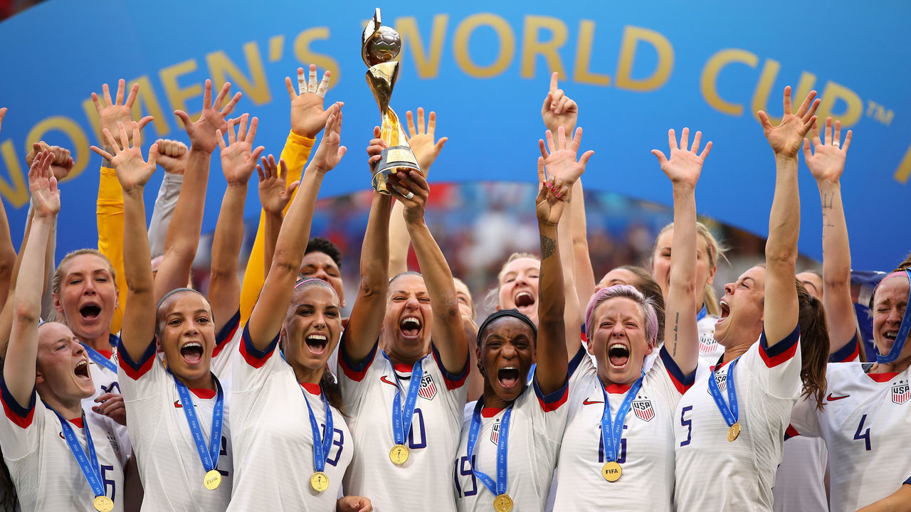 LYON, FRANCE - JULY 07: Carli Lloyd of the USA lifts the trophy as USA celebrate victory during the 2019 FIFA Women's World Cup France Final match between The United State of America and The Netherlands at Stade de Lyon on July 07, 2019 in Lyon, France.