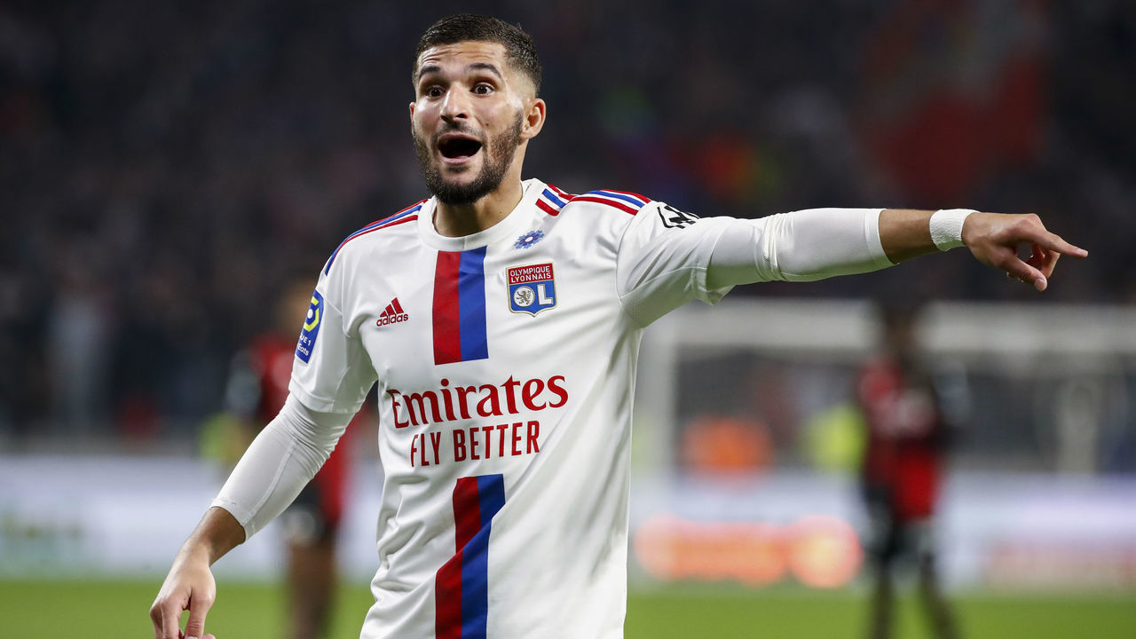 LYON, FRANCE - NOVEMBER 11: Houssem Aouar #8 of Olympique Lyonnais calls for a play during the Ligue 1 match between Olympique Lyonnais and OGC Nice at Groupama Stadium on November 11, 2022 in Lyon, France.