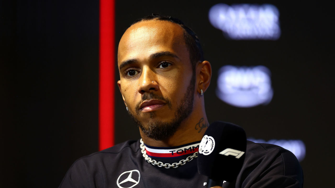 JEDDAH, SAUDI ARABIA - MARCH 16: Lewis Hamilton of Great Britain and Mercedes attends the Drivers Press Conference during previews ahead of the F1 Grand Prix of Saudi Arabia at Jeddah Corniche Circuit on March 16, 2023 in Jeddah, Saudi Arabia.