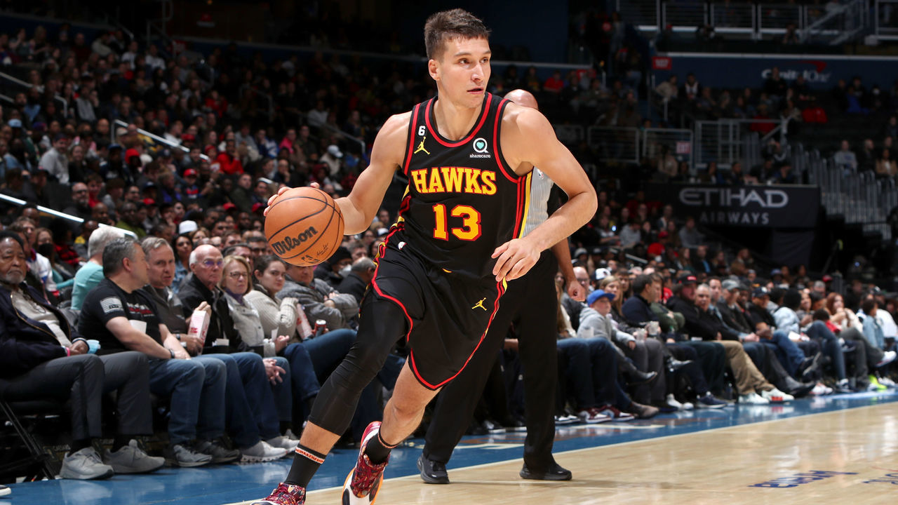 WASHINGTON, DC - MARCH 10: Bogdan Bogdanovic #13 of the Atlanta Hawks moves the ball during the game against the Washington Wizards on March 10, 2023 at Capital One Arena in Washington, DC. Mandatory Copyright Notice: Copyright 2023 NBAE